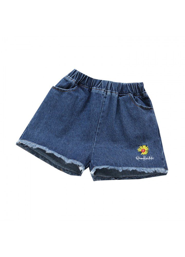 Girls Denim Shorts wear 2021 new baby children's summer foreign style children's wear small wrinkled chrysanthemum casual thin pants 