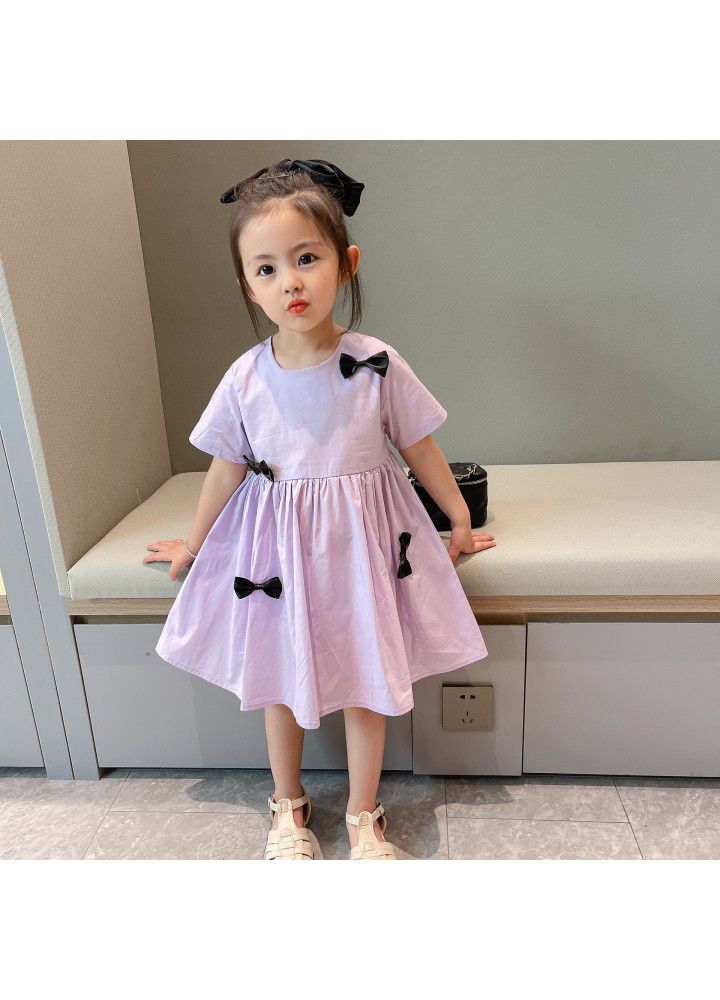 Girls' short sleeve dress 2021 summer new children's pure color bow princess skirt nubao foreign style summer dress 