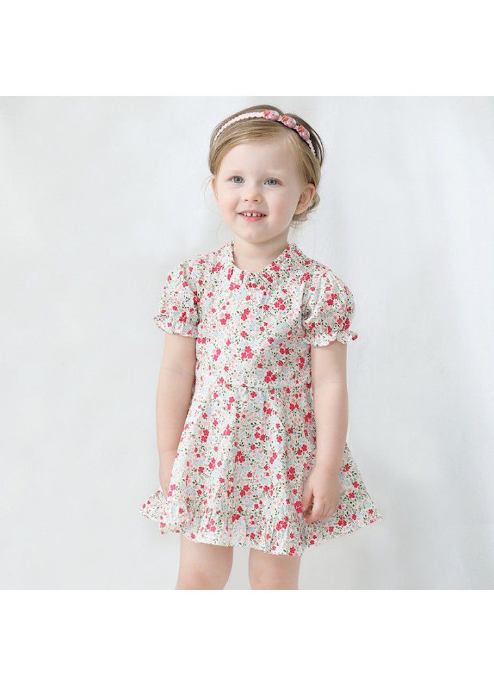 Girls' short sleeve floral dress pastoral style small fresh children's wear 2021 summer children's dress bubble sleeve 