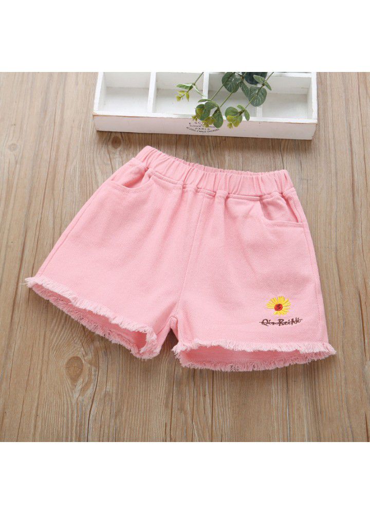 Girls Denim Shorts wear 2021 new baby children's summer foreign style children's wear small wrinkled chrysanthemum casual thin pants 