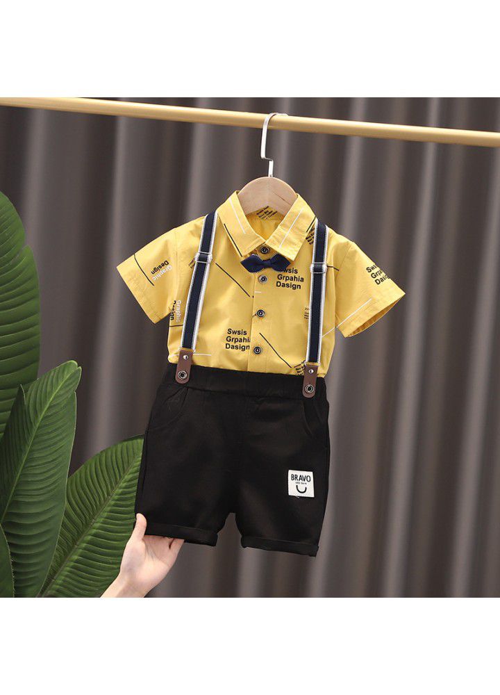 Children's short sleeve suit boys' letter suspenders two-piece casual and handsome children's shirt one hair substitute