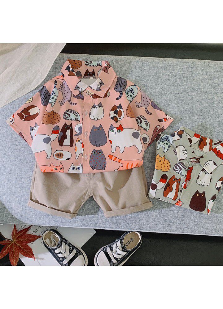 2021 summer new children's short sleeved shorts two-piece set Korean cartoon animal shirt foreign trade children's clothing wholesale