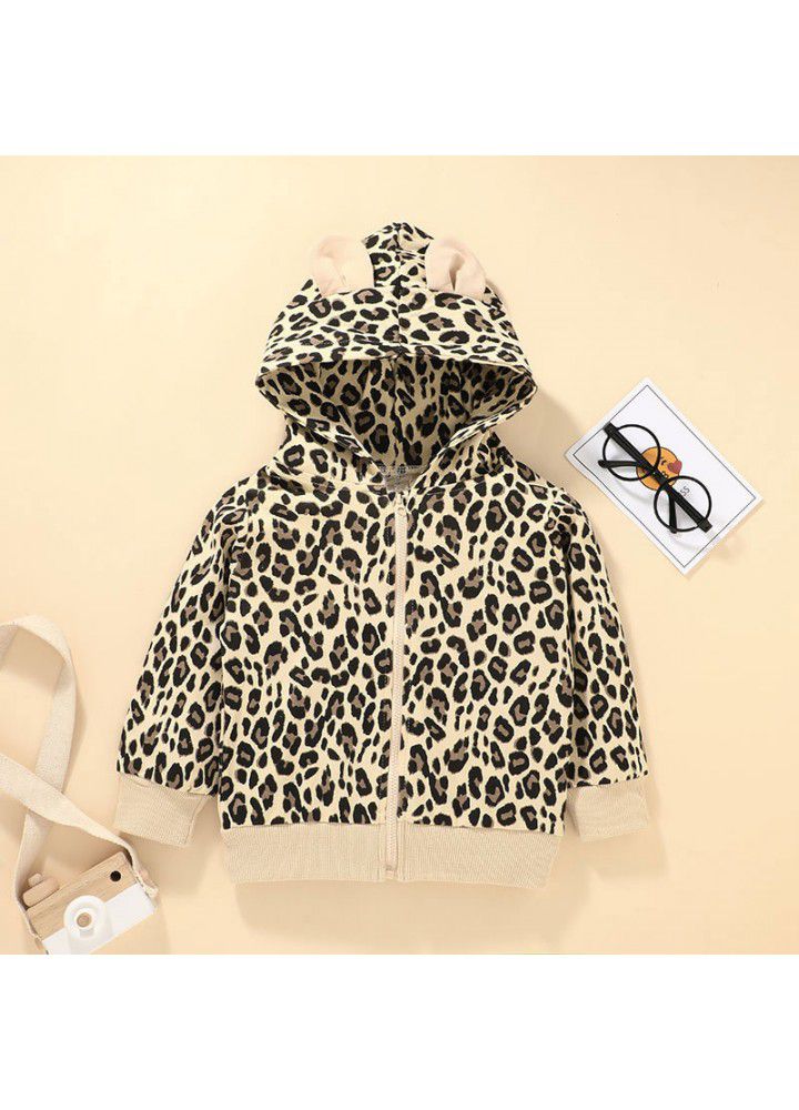 Baby's cute zipper shirt set children's hooded zipper coat leopard print two piece casual stock