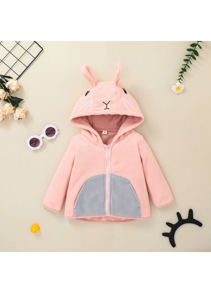 Autumn and winter 2021 baby cute zipper shirt a baby cartoon hooded top rabbit shaped coat