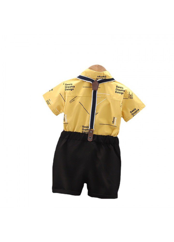 Children's short sleeve suit boys' letter suspenders two-piece casual and handsome children's shirt one hair substitute