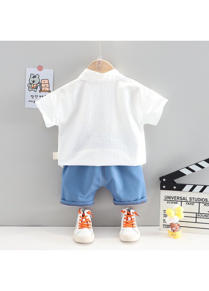 2021 cartoon shirt denim pants two piece set children's set cute boys and girls set one hair