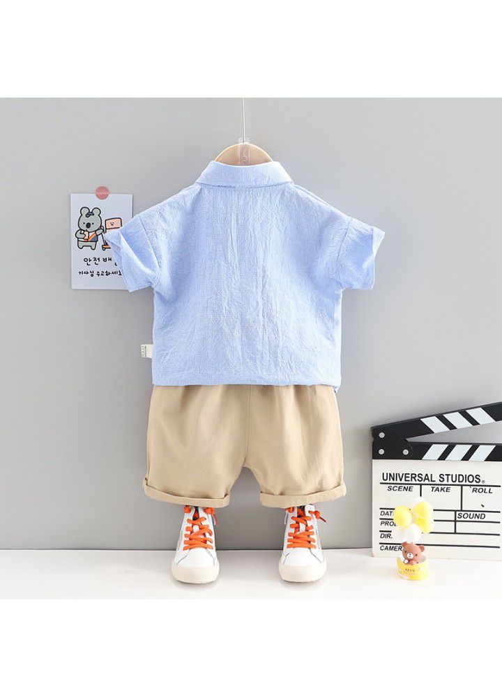 Baby's summer clothes children's shirt boy's foreign style children's short sleeve children's clothes children's Plaid Tie Shirt two piece set fashion