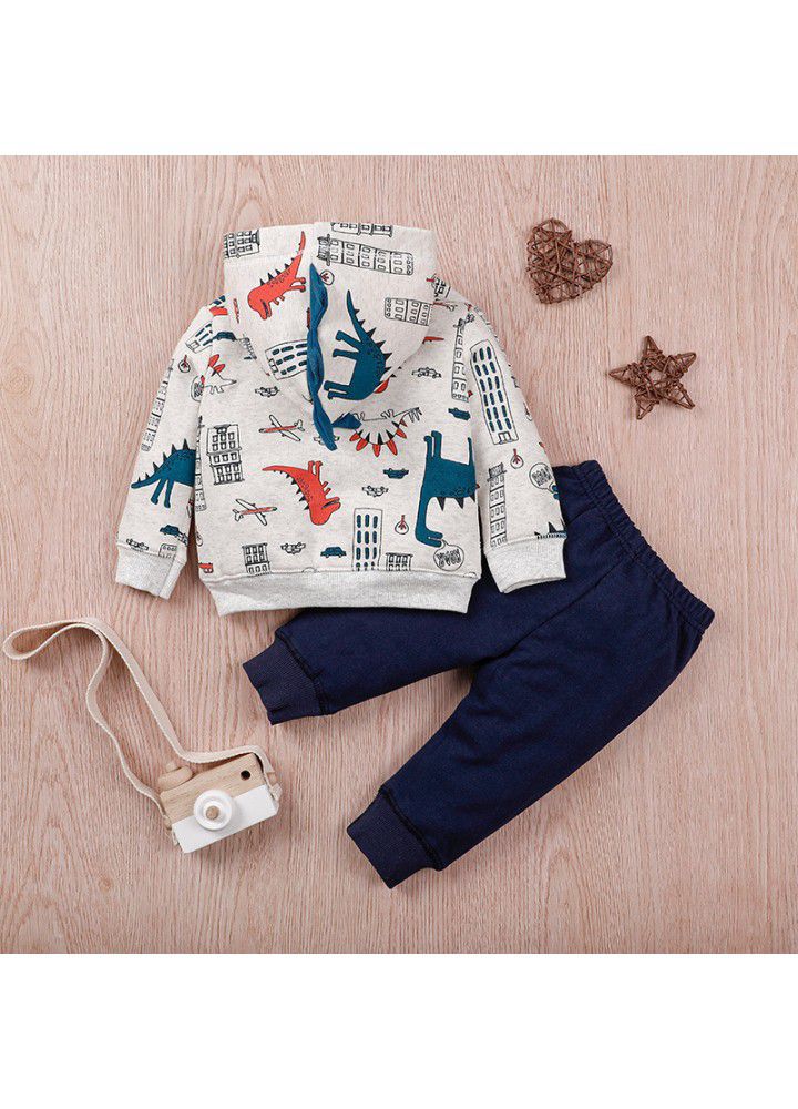 Children's autumn hooded Zipper Jacket Pants Set baby dinosaur jacket pants two piece set