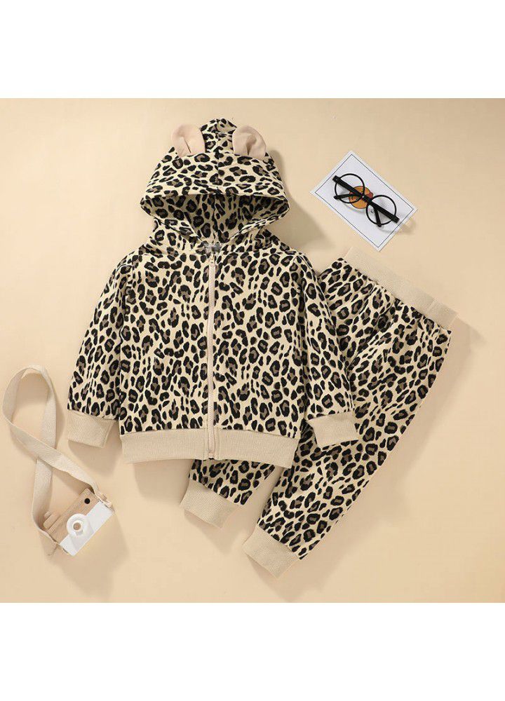 Baby's cute zipper shirt set children's hooded zipper coat leopard print two piece casual stock
