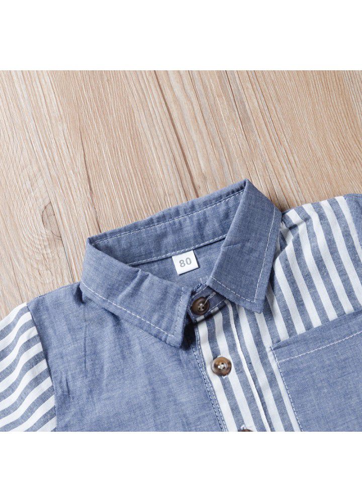 Factory clear boys' short sleeve shirt summer children's foreign style stripe color matching half sleeve shirt baby's top