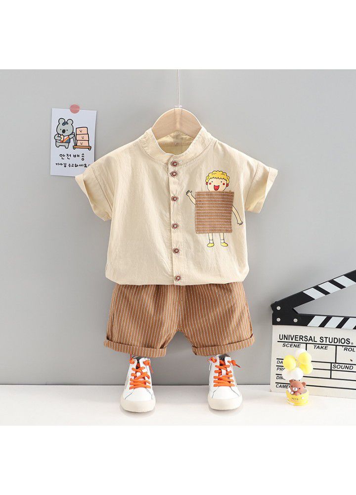 Summer children's clothing 2021 new children's foreign style Korean cartoon stand collar short sleeve shirt two piece set cross border direct approval