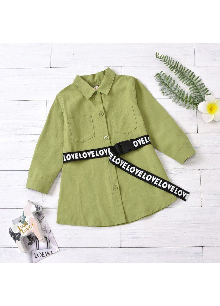 2020 cross border new children's wear Euro American style solid color Lapel long sleeve single breasted shirt letter belt children's wear for men and women