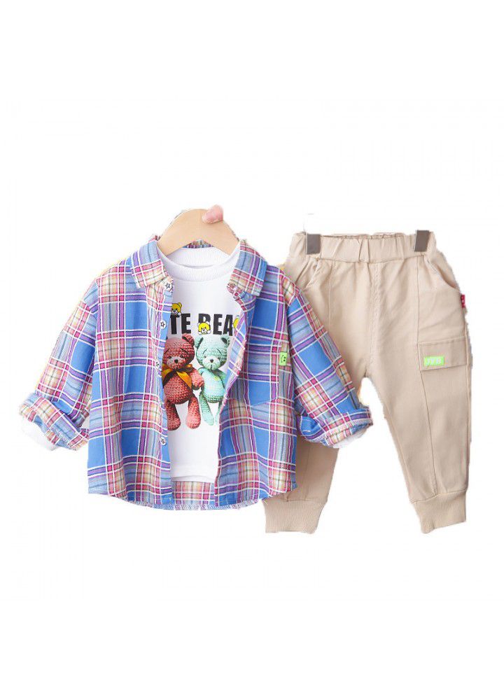 Children's wear boys' spring and autumn suit 2021 new foreign trade boys' handsome casual Plaid Shirt three piece set