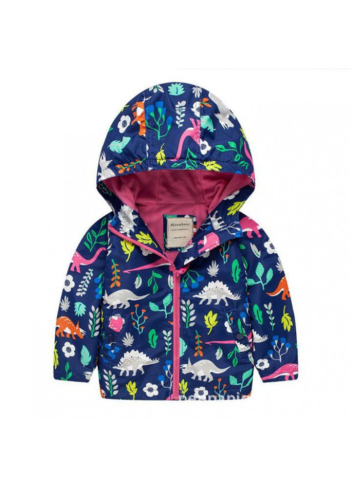 Children's windbreaker jacket cartoon hooded long sleeve top dinosaur print boy / girl autumn clothes children's wear