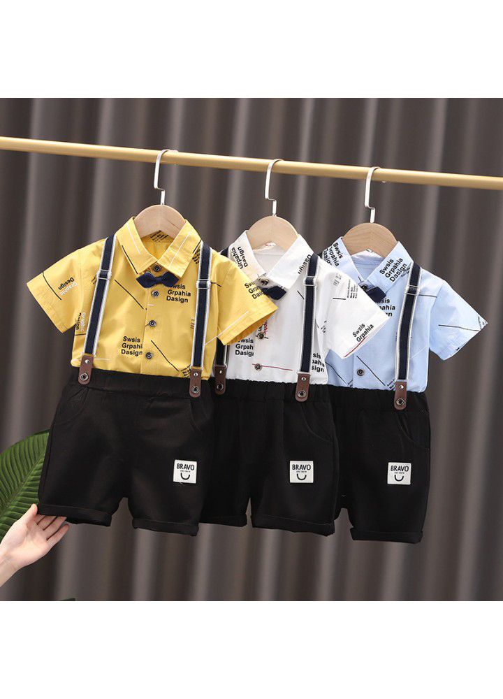 Children's short sleeve suit boys' letter suspenders two-piece casual and handsome children's shirt one hair substitute