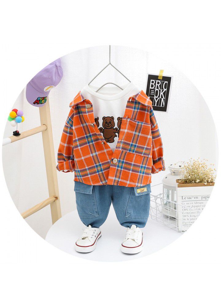 2020 autumn spot children's clothing foreign trade Plaid Shirt coat jeans pants boy's suit cute bear