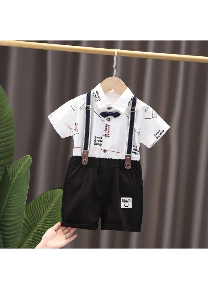 Children's short sleeve suit boys' letter suspenders two-piece casual and handsome children's shirt one hair substitute