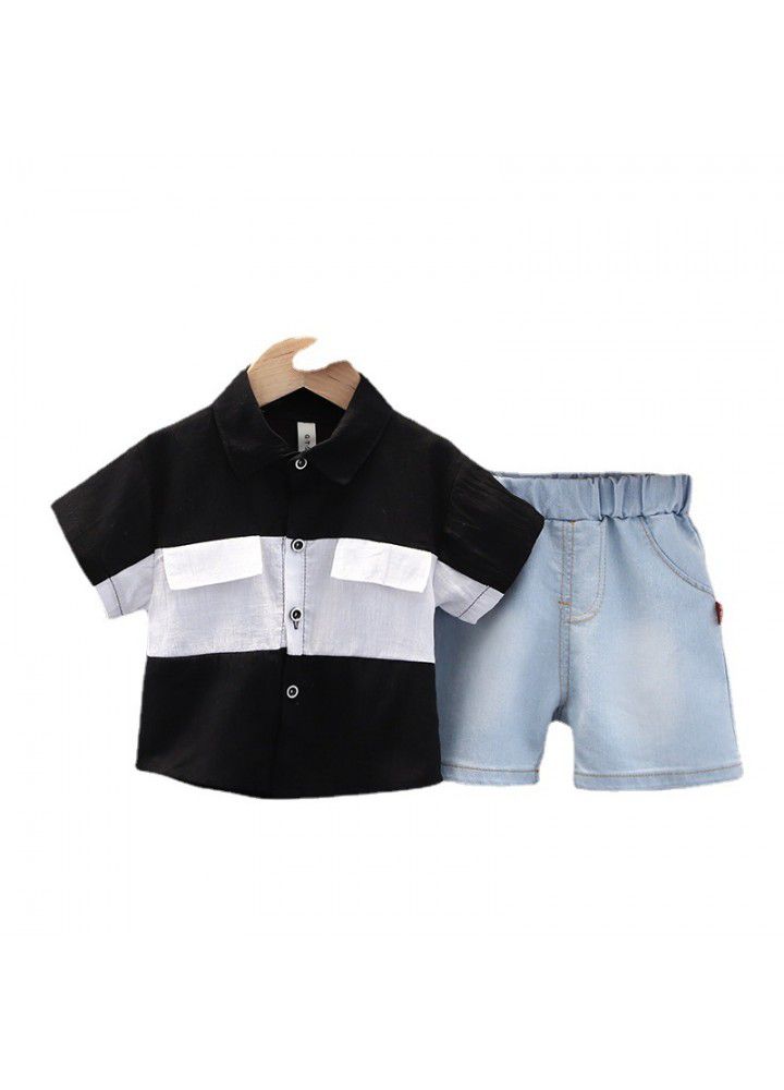 Children's summer new boys' short sleeve cotton and Linen Shirt Set Girls' denim shorts two piece set wholesale