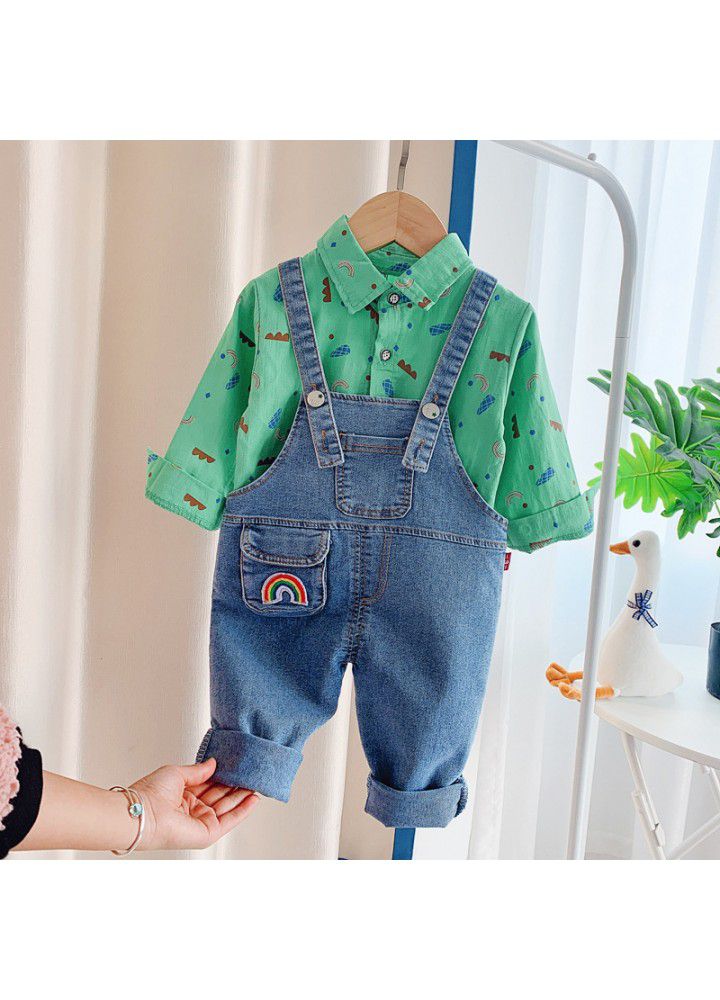 Children's wear boys' spring suit 2021 spring and autumn two piece suit of handsome baby shirt and suspenders