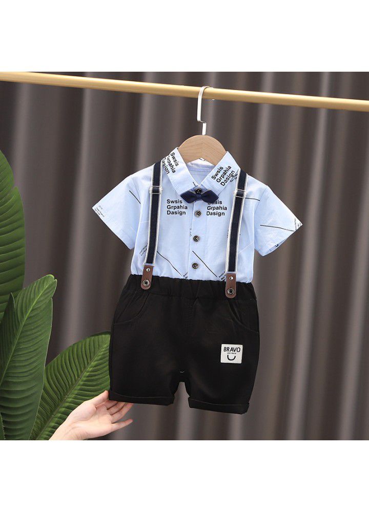 Children's short sleeve suit boys' letter suspenders two-piece casual and handsome children's shirt one hair substitute