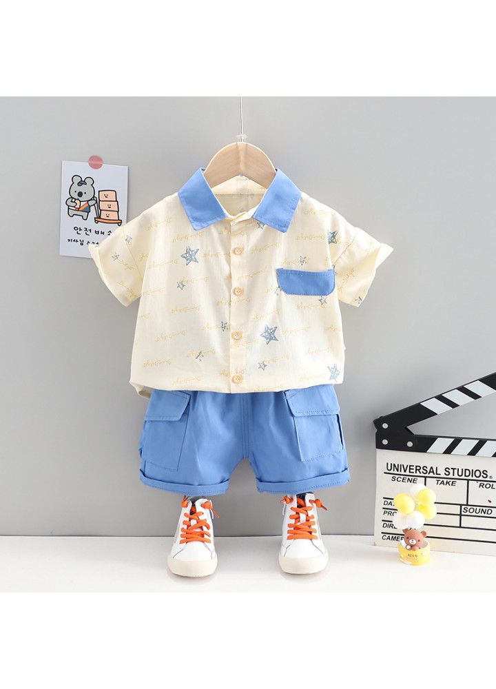 Foreign trade children's clothing wholesale 1-4 boys' foreign style Lapel Short Sleeve Shirt Set