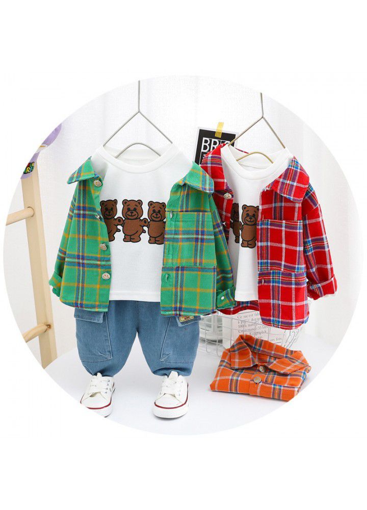 2020 autumn spot children's clothing foreign trade Plaid Shirt coat jeans pants boy's suit cute bear
