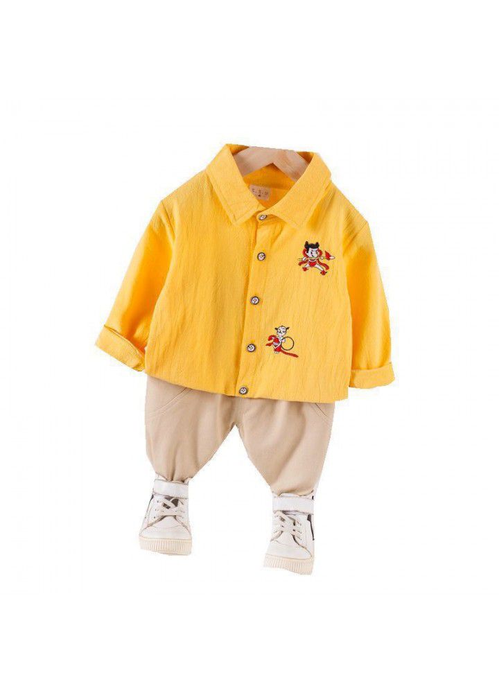 Baby boys' new 0-4 year old children's solid color Lapel shirt casual long sleeve two piece set issued by manufacturer
