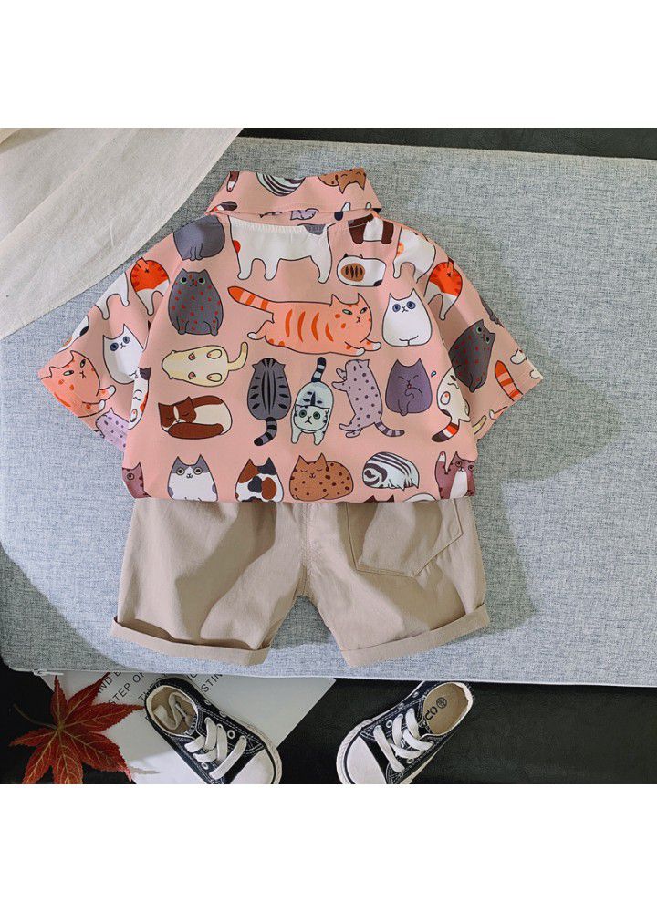 2021 summer new children's short sleeved shorts two-piece set Korean cartoon animal shirt foreign trade children's clothing wholesale