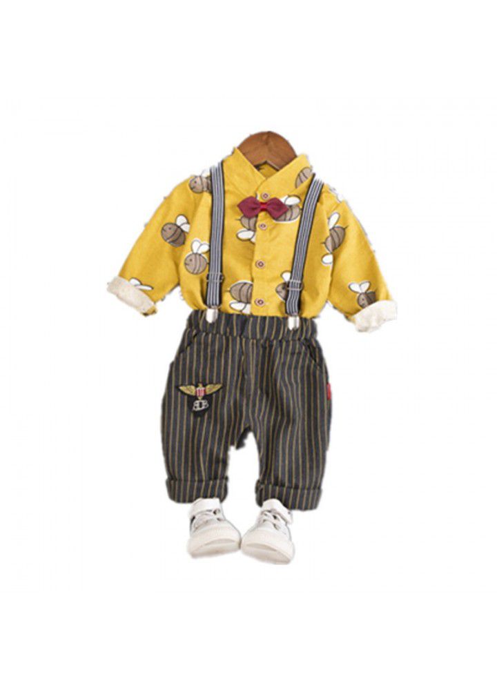 Korean boys' long sleeve bee shirt two piece set autumn 2020 children's new strap Pants Set one hair substitute