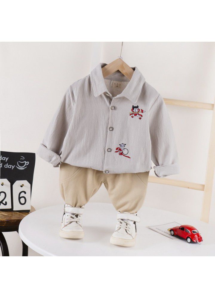 Baby boys' new 0-4 year old children's solid color Lapel shirt casual long sleeve two piece set issued by manufacturer
