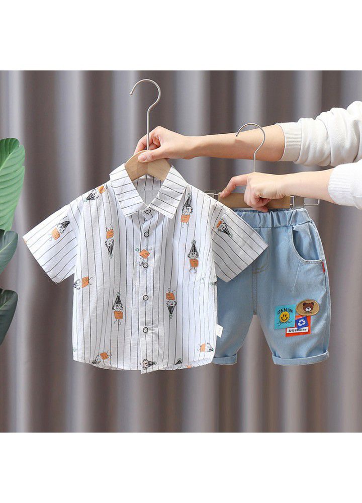 Boys' Korean Short Sleeve suit summer new children's cartoon vertical stripe shirt and shorts two piece suit