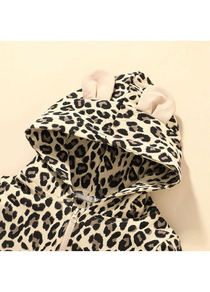 Baby's cute zipper shirt set children's hooded zipper coat leopard print two piece casual stock