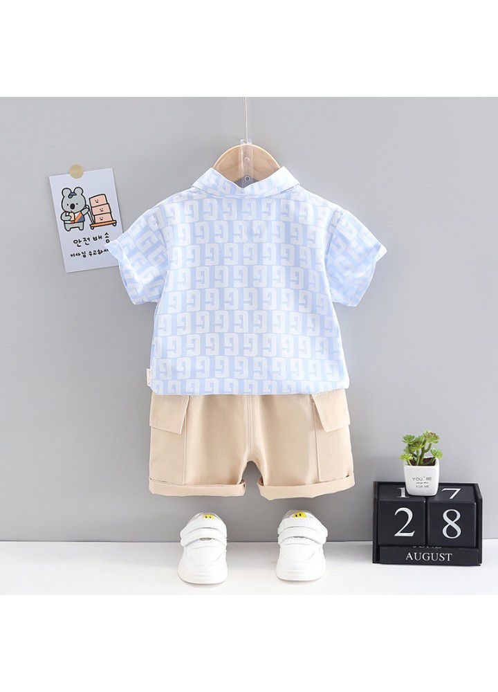 Boys' summer suit handsome children's cotton shirt T-shirt short sleeve casual fashion shorts 3-year-old two piece set