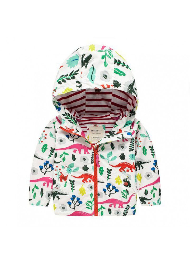 Children's windbreaker jacket cartoon hooded long sleeve top dinosaur print boy / girl autumn clothes children's wear