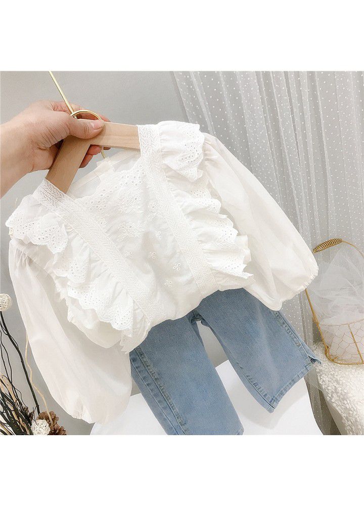 Spring European and American style white shirt girl's loose hollow out embroidery cover lining children's long sleeve lace shirt top