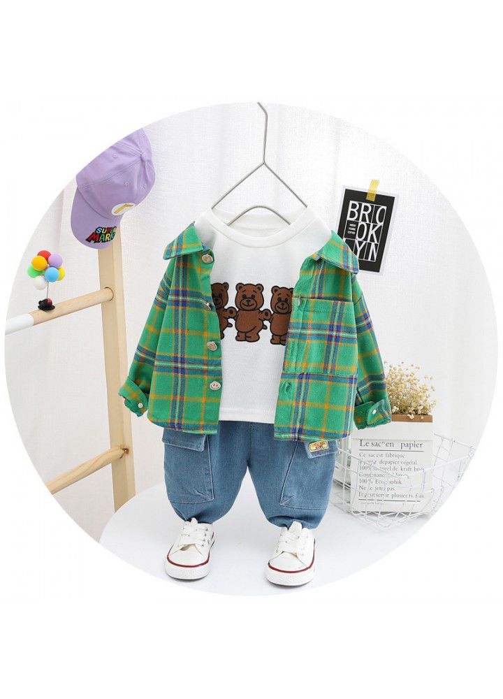 2020 autumn spot children's clothing foreign trade Plaid Shirt coat jeans pants boy's suit cute bear
