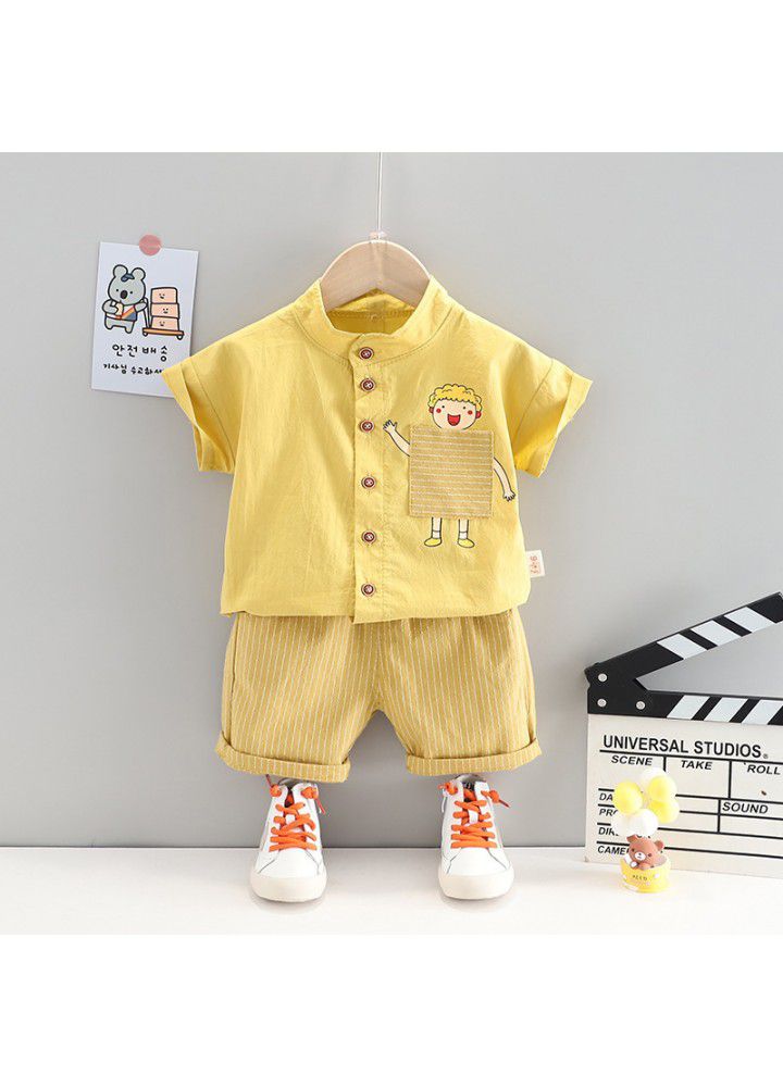 Summer children's clothing 2021 new children's foreign style Korean cartoon stand collar short sleeve shirt two piece set cross border direct approval