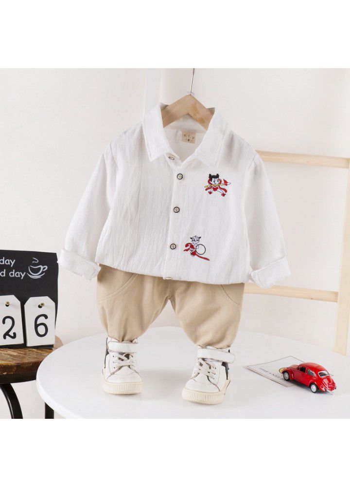 Baby boys' new 0-4 year old children's solid color Lapel shirt casual long sleeve two piece set issued by manufacturer
