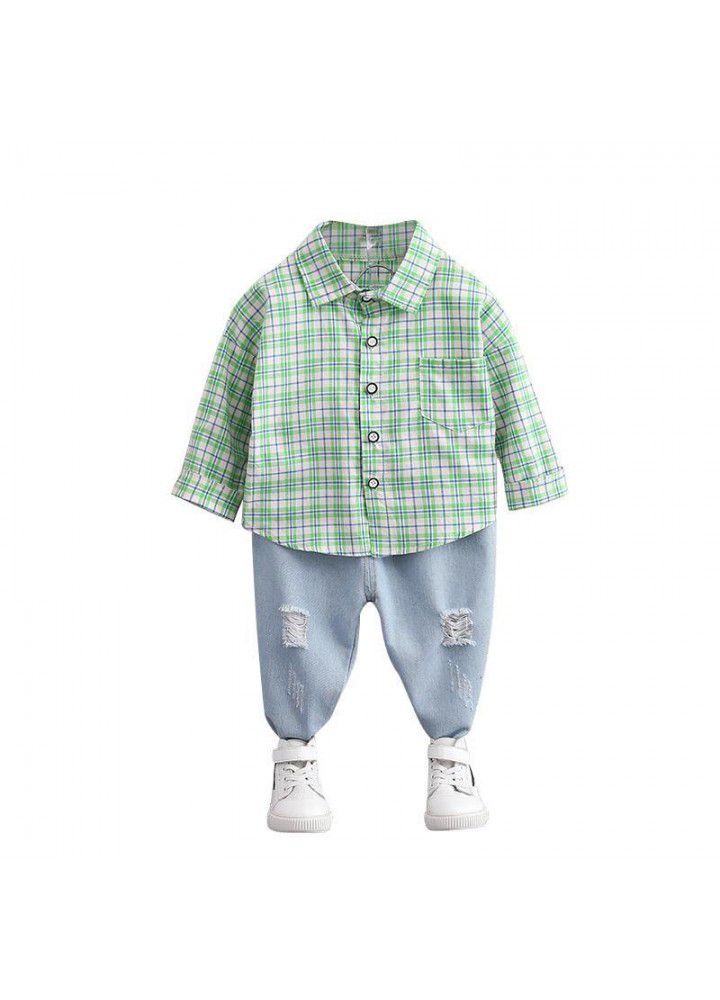 Boys' spring shirt children's foreign style suit 2020 new children's handsome Plaid jeans two piece set