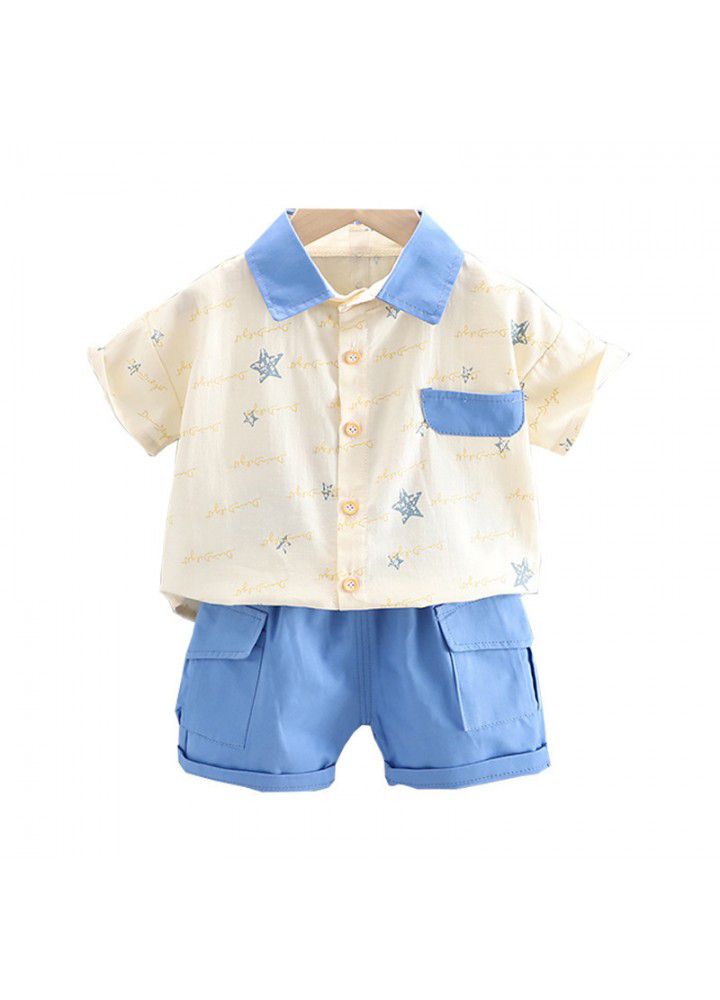 Foreign trade children's clothing wholesale 1-4 boys' foreign style Lapel Short Sleeve Shirt Set