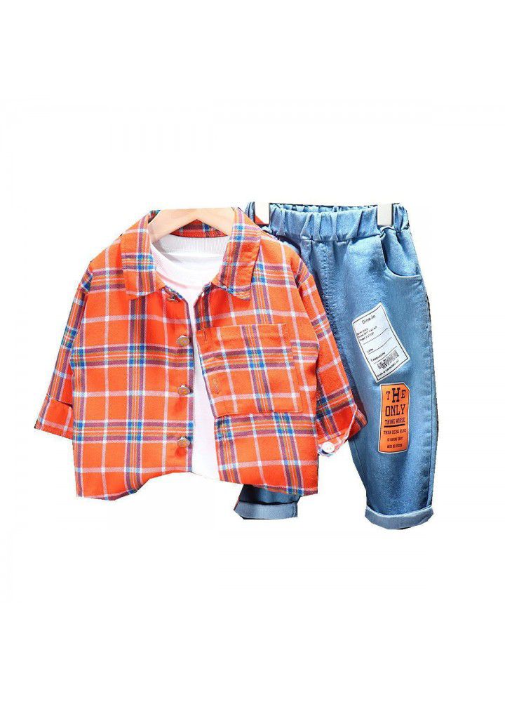 Postal children's clothing autumn 2020 new boys and girls plaid shirt long sleeve casual suit wholesale three piece set trend