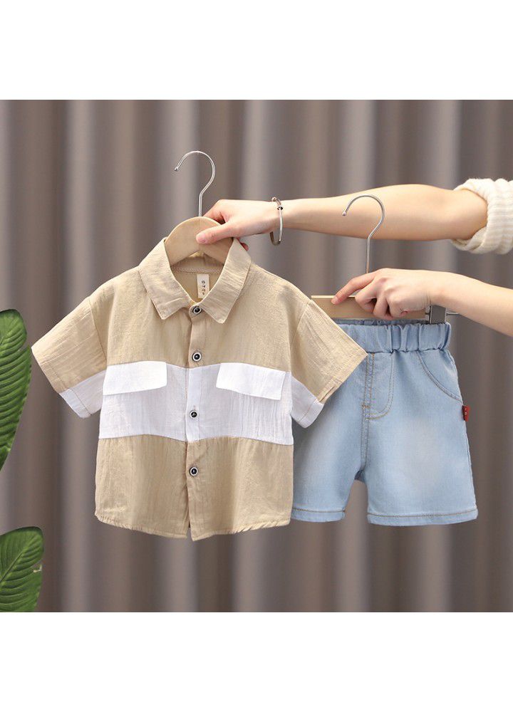 Children's summer new boys' short sleeve cotton and Linen Shirt Set Girls' denim shorts two piece set wholesale
