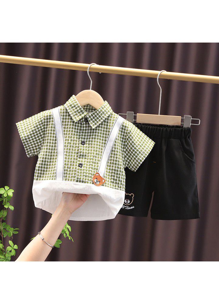 Cross border children's clothing wholesale 2021 summer new baby foreign style Plaid Shirt Short Sleeve suit summer two piece suit