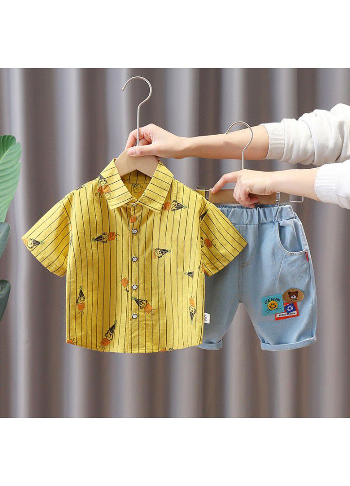 Boys' Korean Short Sleeve suit summer new children's cartoon vertical stripe shirt and shorts two piece suit