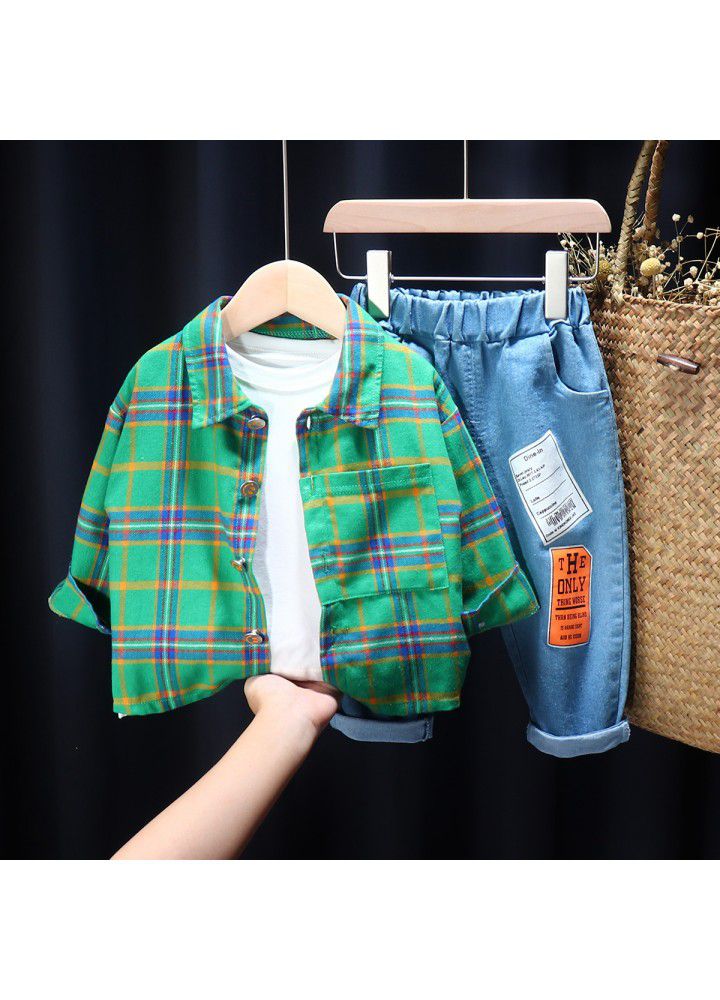 Postal children's clothing autumn 2020 new boys and girls plaid shirt long sleeve casual suit wholesale three piece set trend