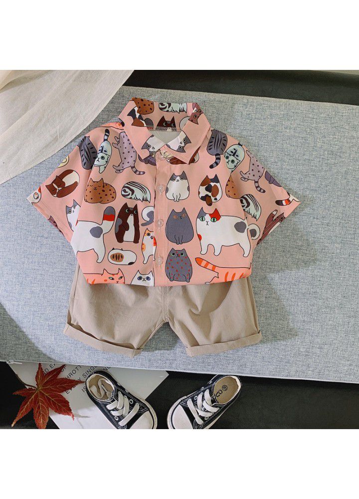 2021 summer new children's short sleeved shorts two-piece set Korean cartoon animal shirt foreign trade children's clothing wholesale