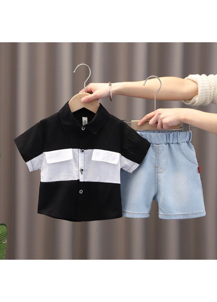 Children's summer new boys' short sleeve cotton and Linen Shirt Set Girls' denim shorts two piece set wholesale
