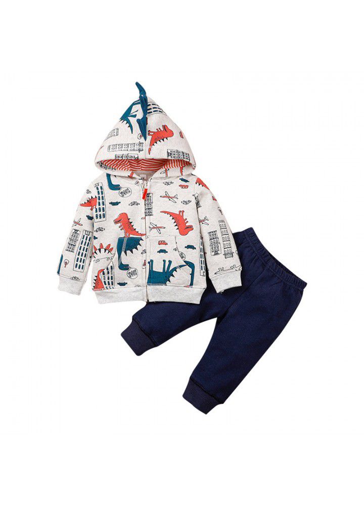 Children's autumn hooded Zipper Jacket Pants Set baby dinosaur jacket pants two piece set