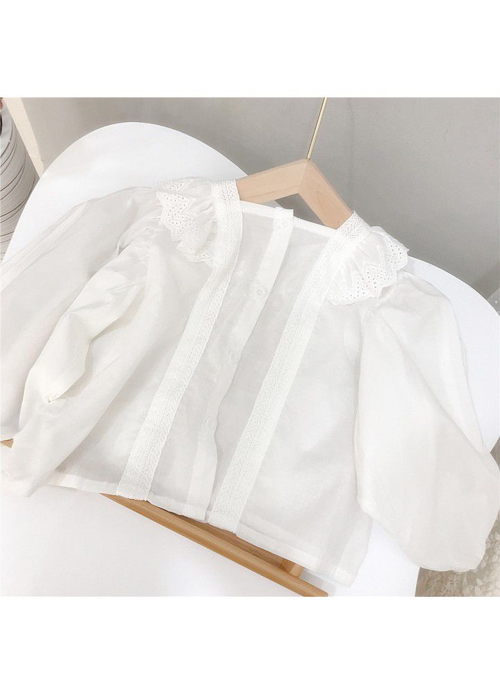 Spring European and American style white shirt girl's loose hollow out embroidery cover lining children's long sleeve lace shirt top