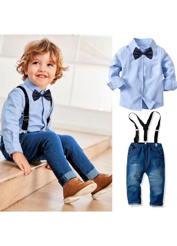 Cross border boy's cotton long sleeve collar shirt denim strap pants suit children's banquet formal dress